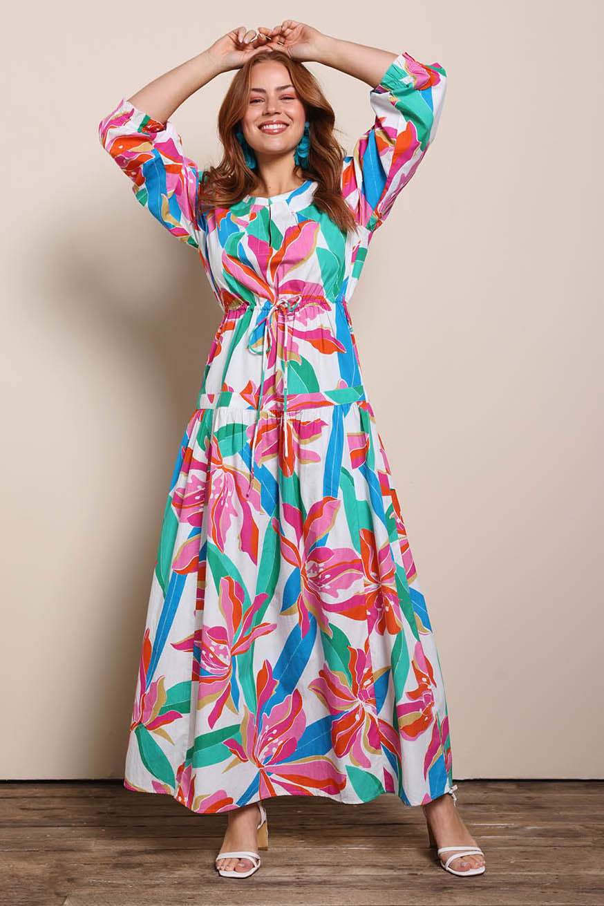 Model Georgiel wearing size 10 of the Maria Cotton Maxi Dress – Petalrush in colour Petalrush, from the front
