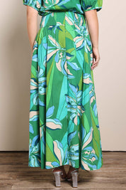 Model Georgiel wearing size 10 of the Rosemary Maxi Skirt – Petalrush in colour Petalrush, from the front
