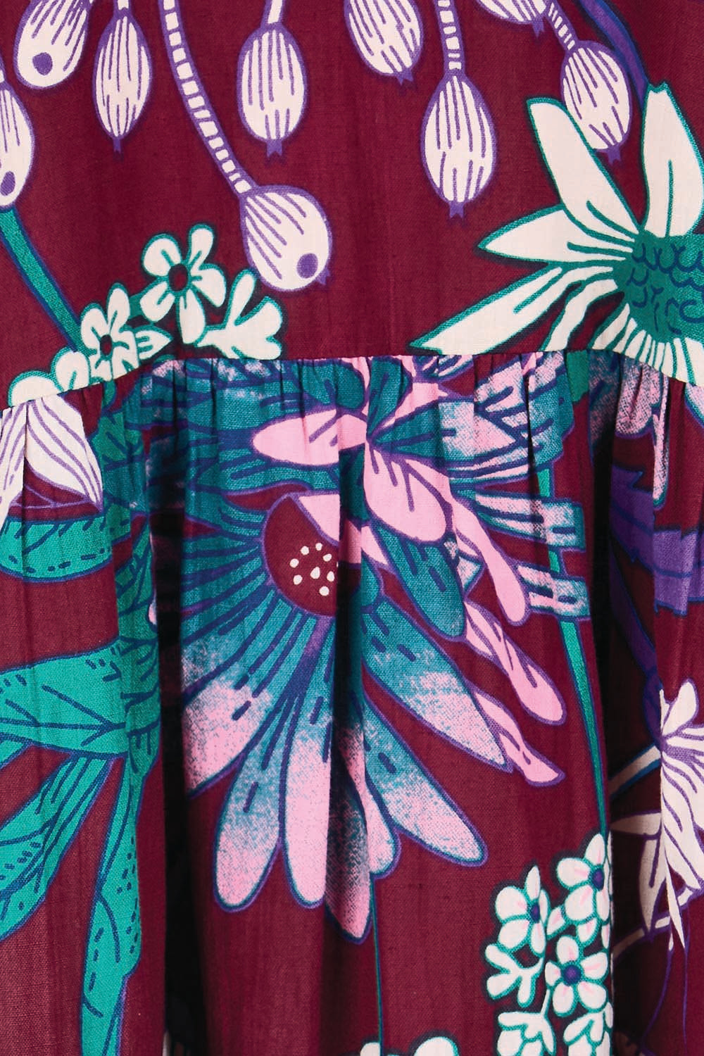 Product shot of the Katherine Cotton Tired Dress – Garden in colour Garden, showing detail