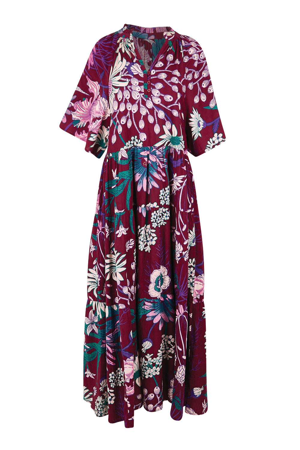 Product shot of the Katherine Cotton Tired Dress – Garden in colour Garden, from the front