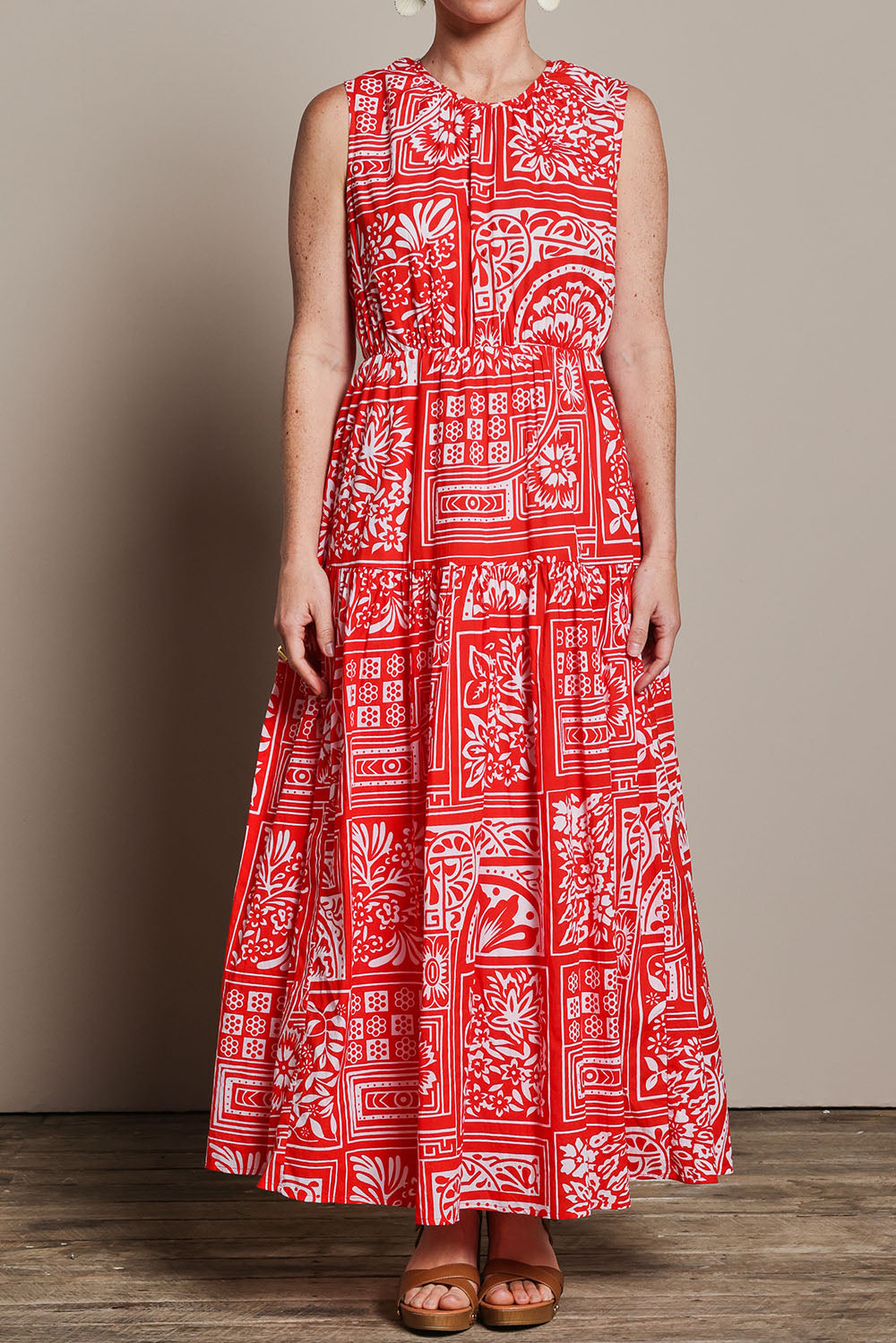 Model Katie wearing size 10 of the Riley Cotton Maxi Dress in colour Labyrinth (Red), from the front, cropped image