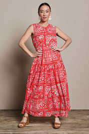 Model Katie wearing size 10 of the Riley Cotton Maxi Dress in colour Labyrinth (Red), from the front, showing the whole outfit