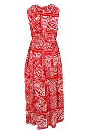 Product shot of the Riley Cotton Maxi Dress in colour Labyrinth (Red), from the back