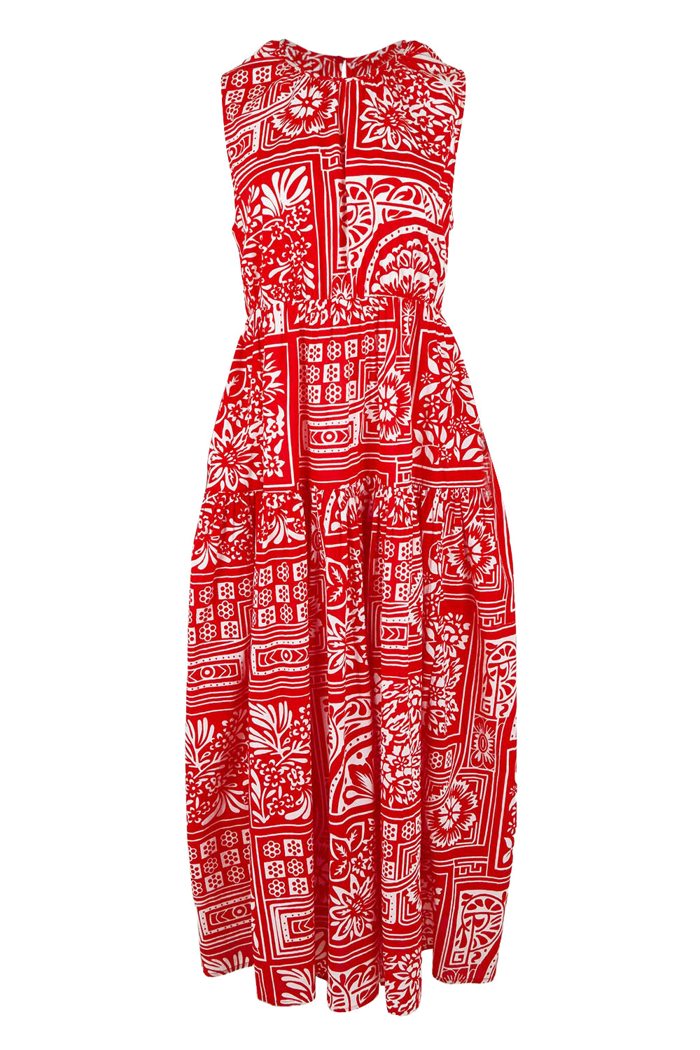 Product shot of the Riley Cotton Maxi Dress in colour Labyrinth (Red), from the front