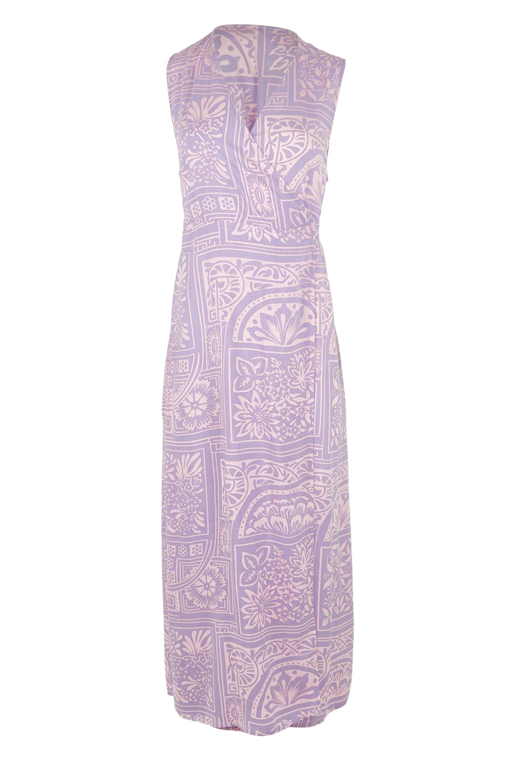 Product shot of the Georgina Wrap Dress in colour Labyrinth (Purple), from the front