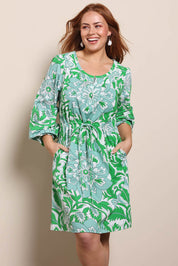 Model Georgiel wearing size 10 of the Marietta Cotton Dress – Budspiral in colour Budspiral, in a cropped view