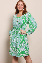 Model Georgiel wearing size 10 of the Marietta Cotton Dress – Budspiral in colour Budspiral, in a cropped view