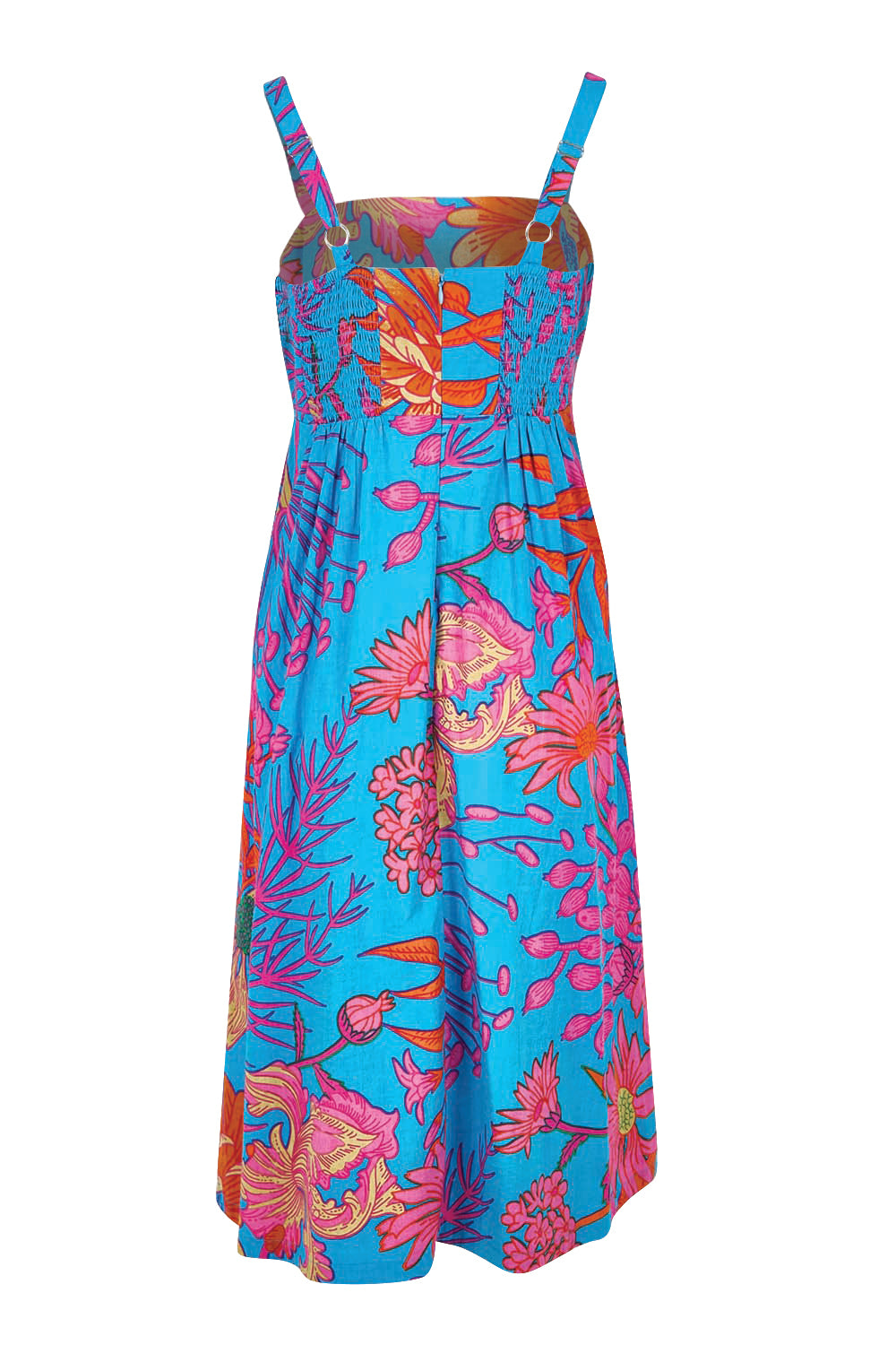 Product shot of the Hilary Cotton Dress – Bluegarden in colour Bluegarden, from the back