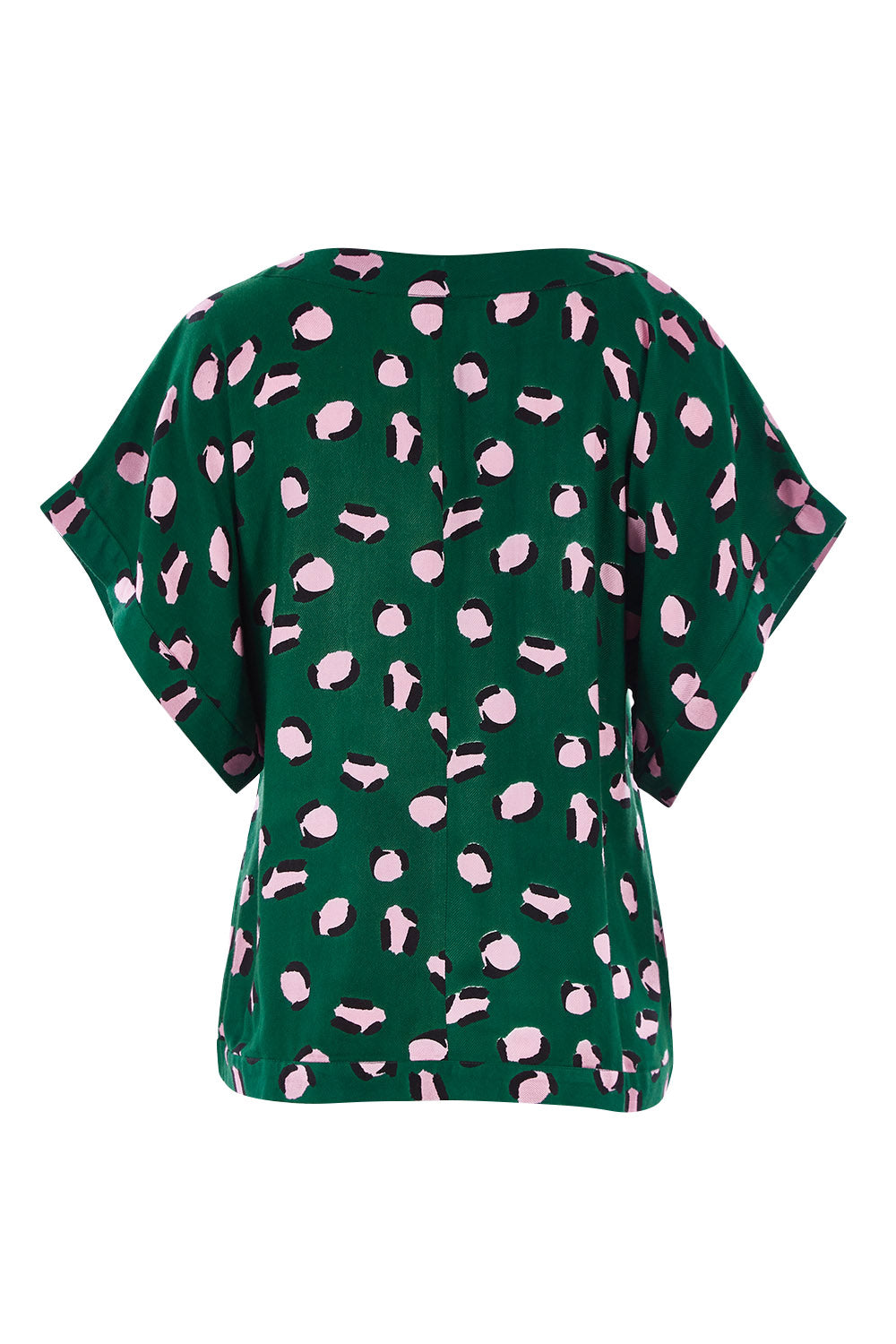 Product shot of the Lola Belle Sleeve Top in colour Leopard (Green), from the back