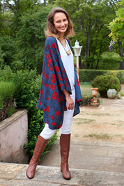 Model Alex wearing size 10 of the Viola Kimono Radiant Floral in colour Grey (Grey), from the front, showing the whole outfit