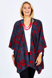 Model Emma wearing size 10 of the Viola Kimono Radiant Floral in colour Grey (Grey), from the front, cropped image
