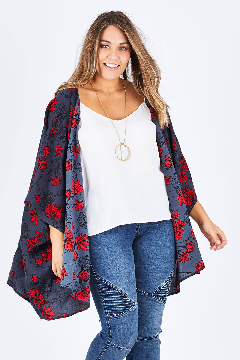 Model Natalia wearing size 14 of the Viola Kimono Radiant Floral in colour Grey (Grey), from the front, cropped image