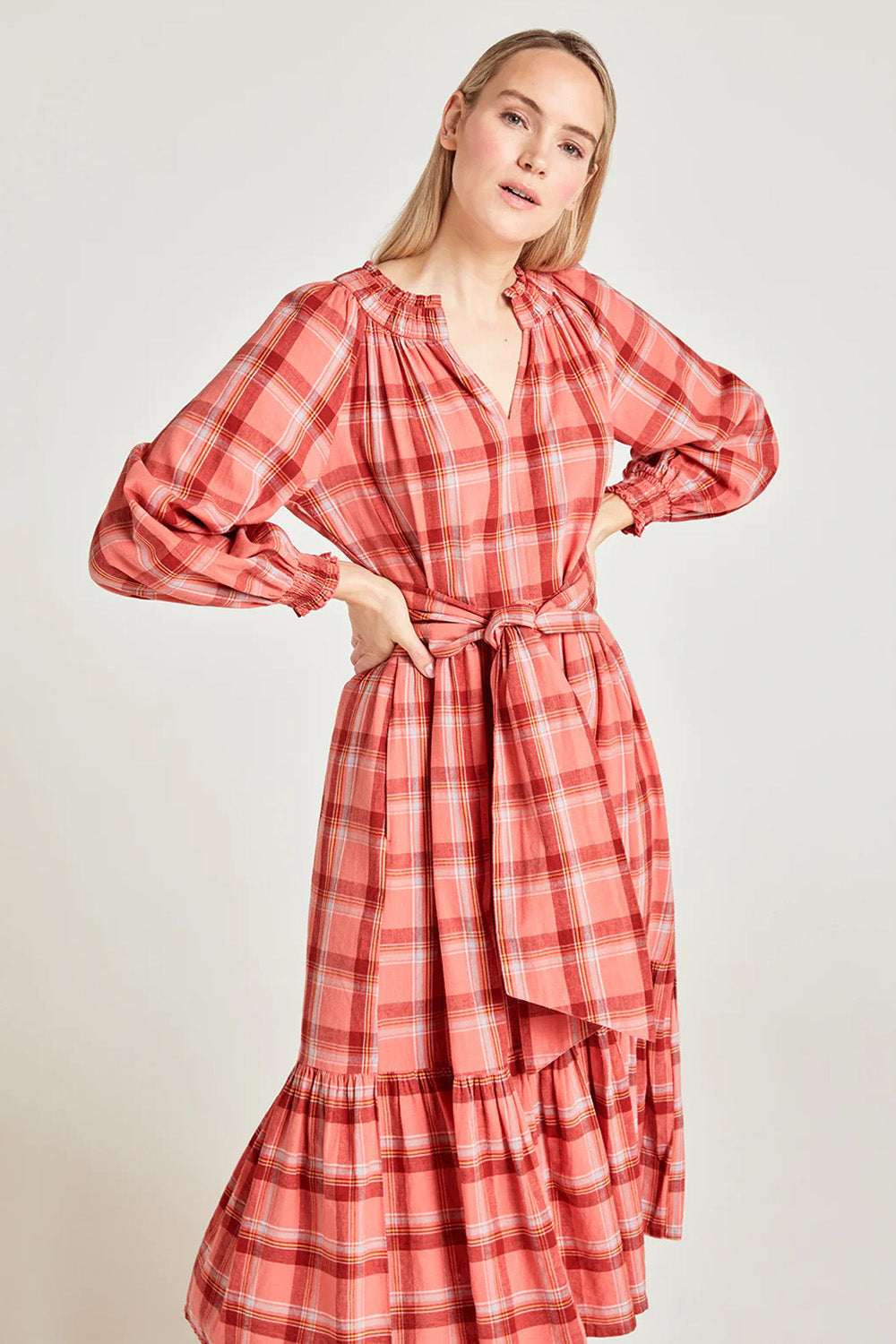 Preloved Iman Hemp Check Midi Dress - Lightcoral