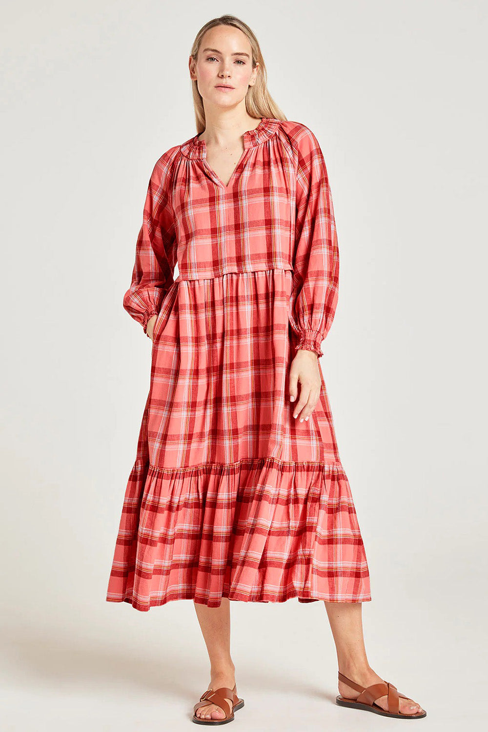 Preloved Iman Hemp Check Midi Dress - Lightcoral