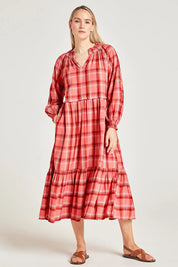 Preloved Iman Hemp Check Midi Dress - Lightcoral