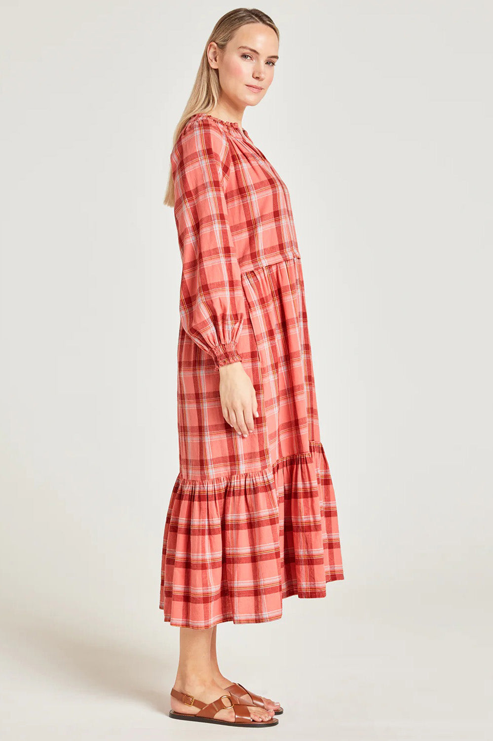Preloved Iman Hemp Check Midi Dress - Lightcoral