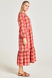 Preloved Iman Hemp Check Midi Dress - Lightcoral