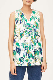A model wearing the London Fields Pleat Front Top in colour Vanillacre (White), from the front, cropped image