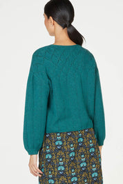 A model wearing the Bennedetta Pointelle Jumper in colour Malgreen (Green), from the back