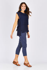 Model Madeline wearing size S of the Layered Top in colour Navy (Blue), from the front, showing the whole outfit