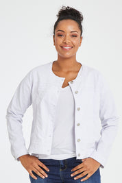Model Noli wearing size L of the Collarless Jacket in colour White (White), from the front, cropped image