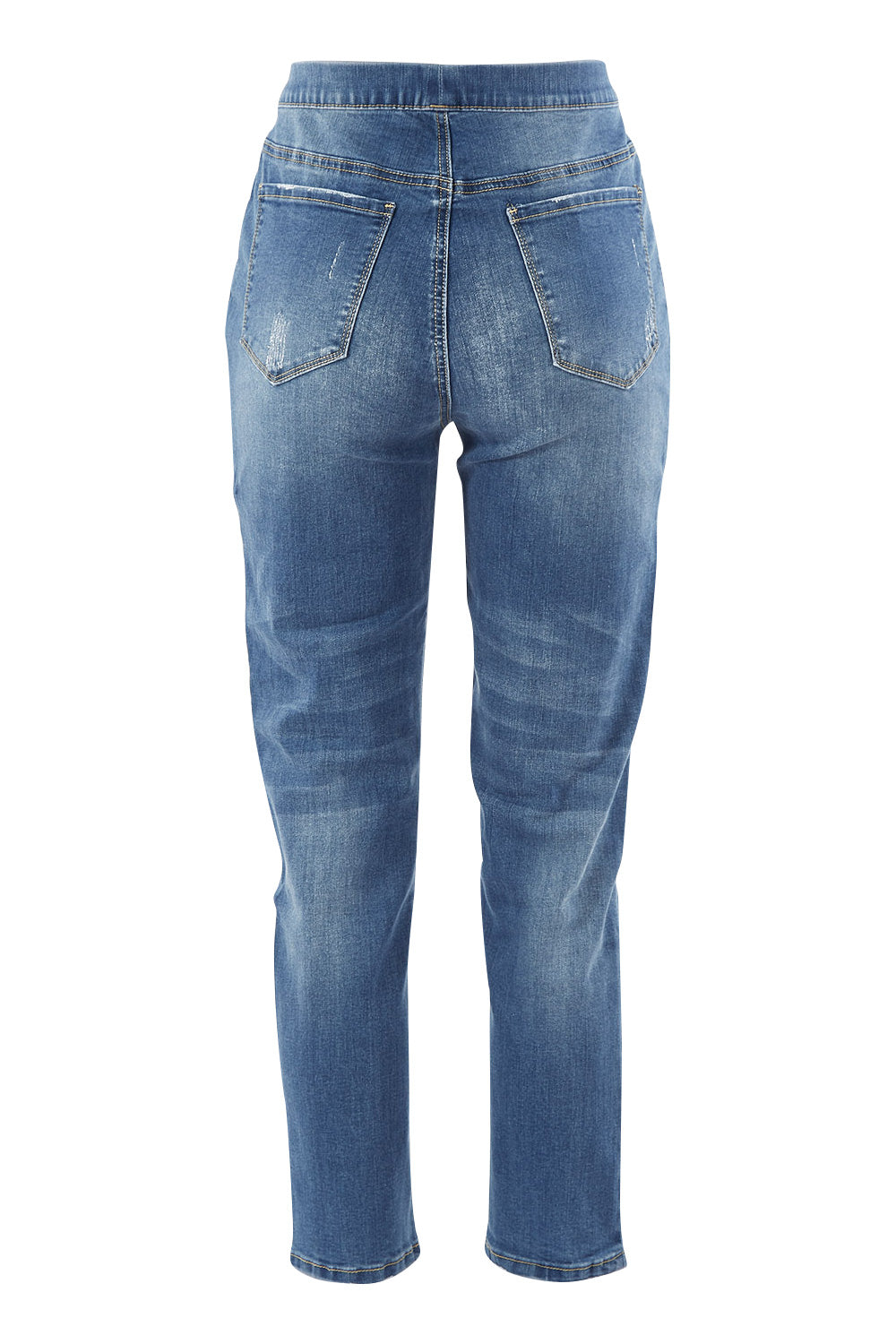 Product shot of the Pull On Ripped Jeans in colour Denim (Blue), from the back