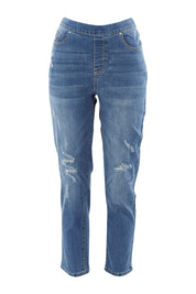 Product shot of the Pull On Ripped Jeans in colour Denim (Blue), from the front