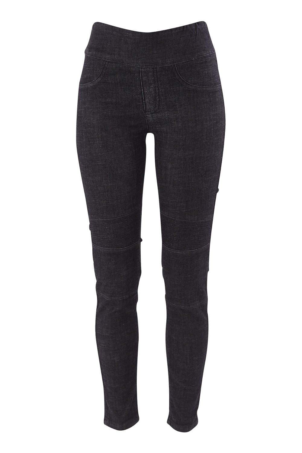 Product shot of the Battered Pull On Jean in colour Black (Black), from the front