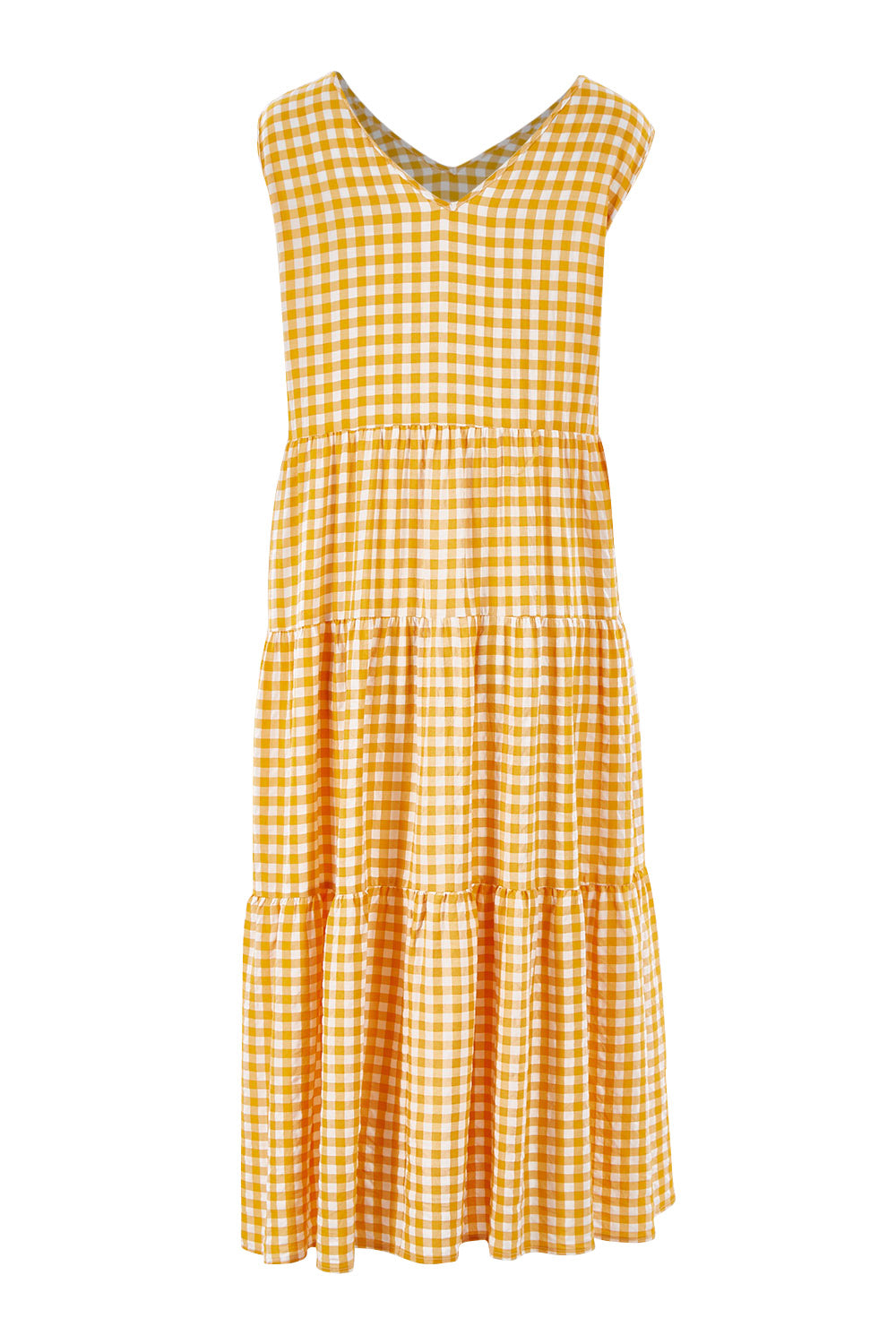 Product shot of the Check Panelled Dress in colour Yellow, from the back