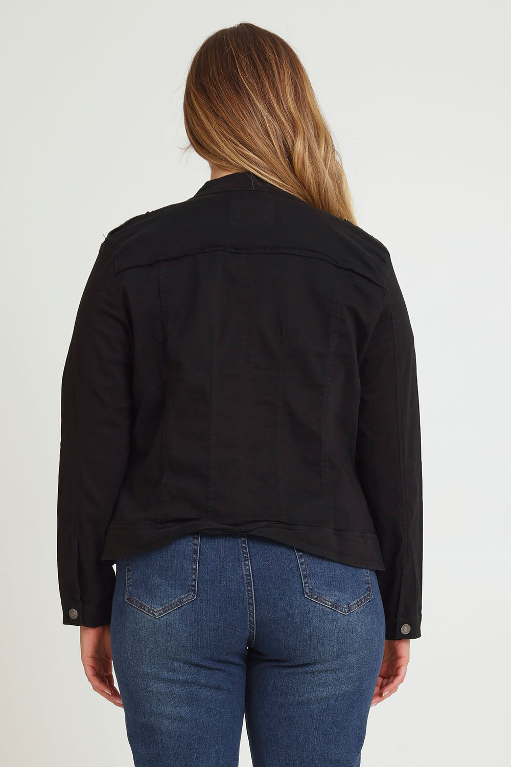 Model Chanel wearing size XL of the Military Denim Jacket in colour Black (Black), from the back