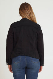 Model Chanel wearing size XL of the Military Denim Jacket in colour Black (Black), from the back