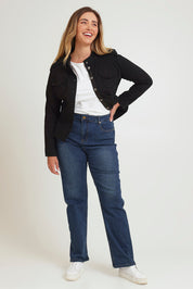 Model Chanel wearing size XL of the Military Denim Jacket in colour Black (Black), from the front, showing the whole outfit