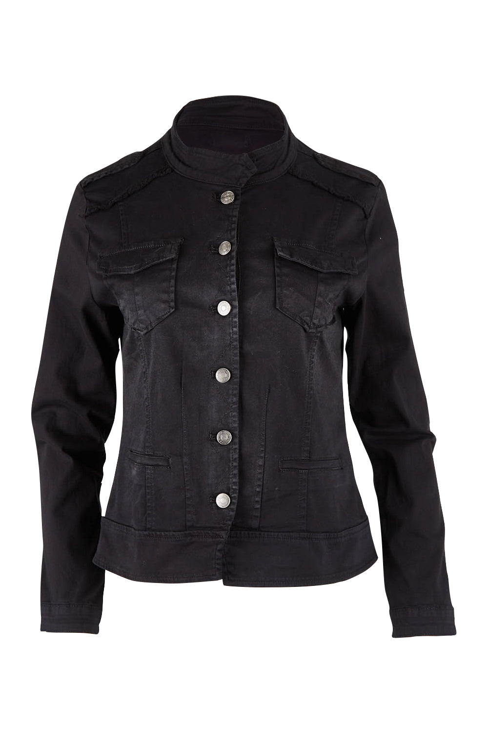 Product shot of the Military Denim Jacket in colour Black (Black), from the front
