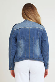 Model Chanel wearing size XL of the Military Denim Jacket in colour Denim (Blue), from the back