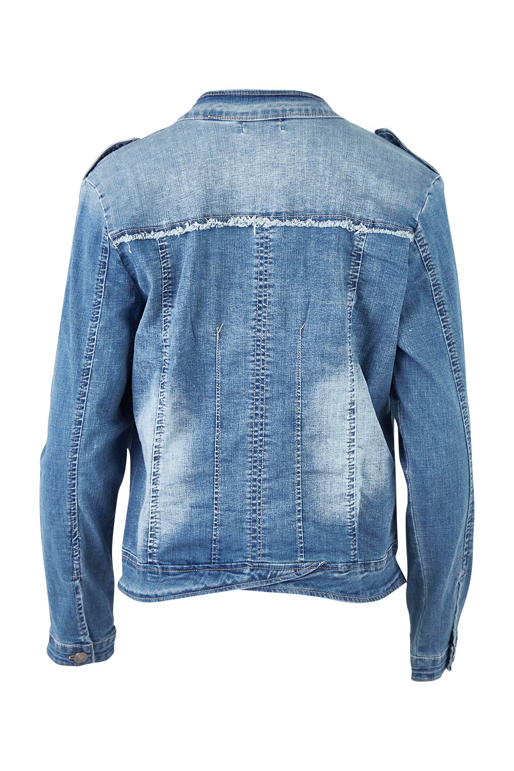 Product shot of the Military Denim Jacket in colour Denim (Blue), from the back