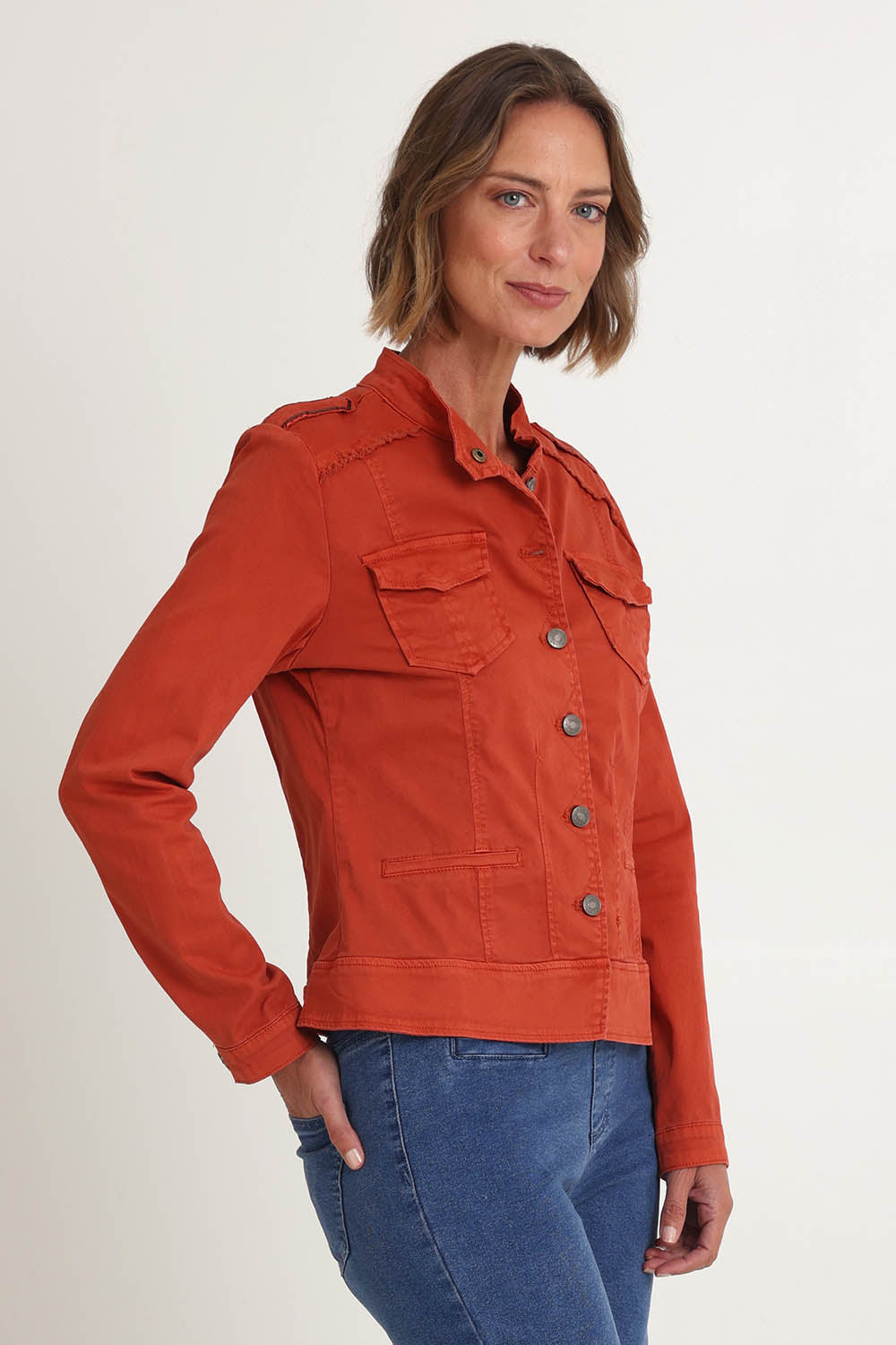 Model Riina wearing size S of the Military Denim Jacket in colour Maple, from the front, showing the whole outfit