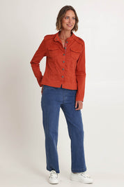 Model Riina wearing size S of the Military Denim Jacket in colour Maple, from the front, showing the whole outfit