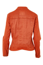 Product shot of the Military Denim Jacket in colour Maple, from the back