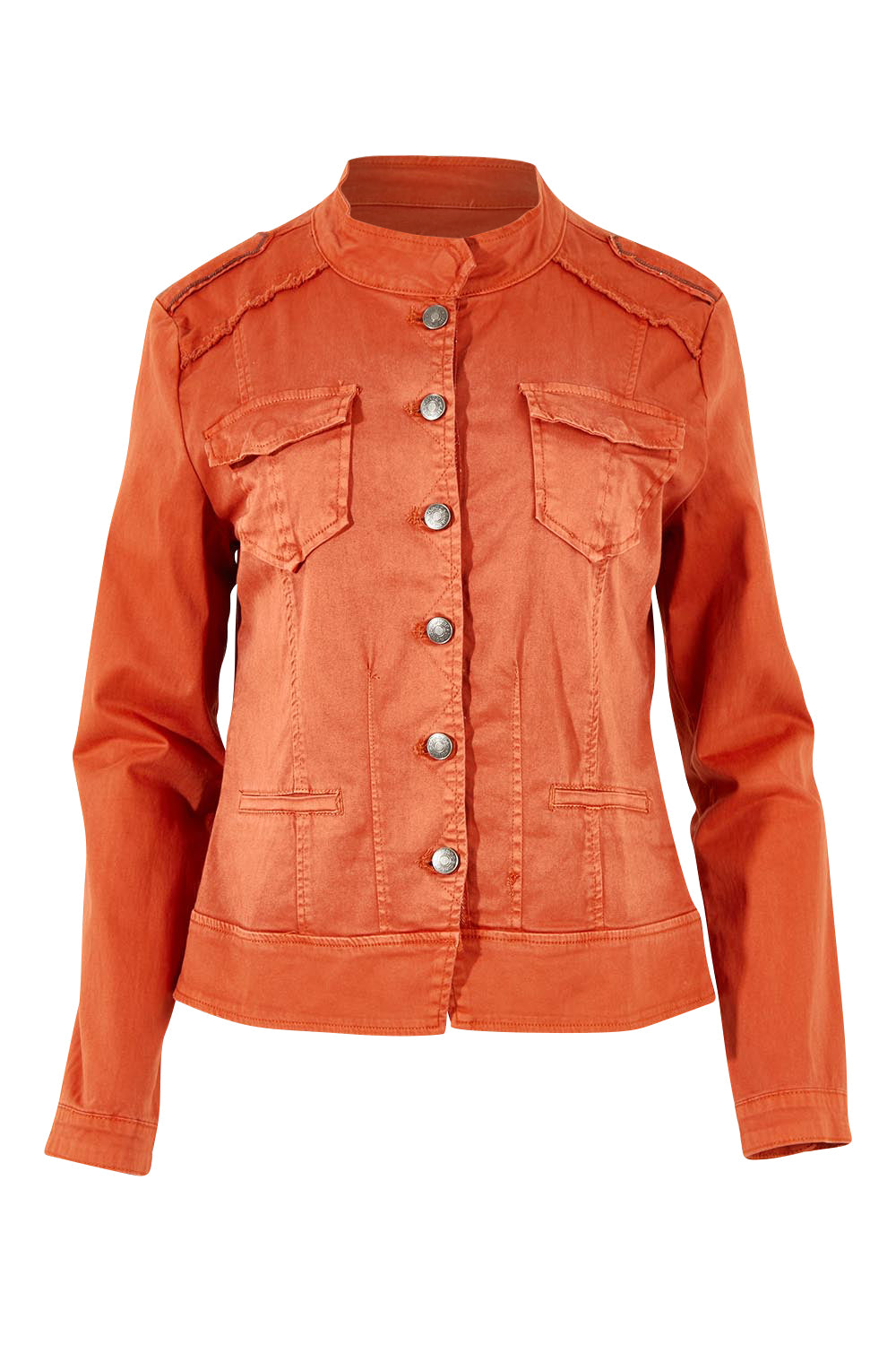 Product shot of the Military Denim Jacket in colour Maple, from the front