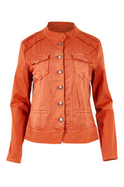 Product shot of the Military Denim Jacket in colour Maple, from the front