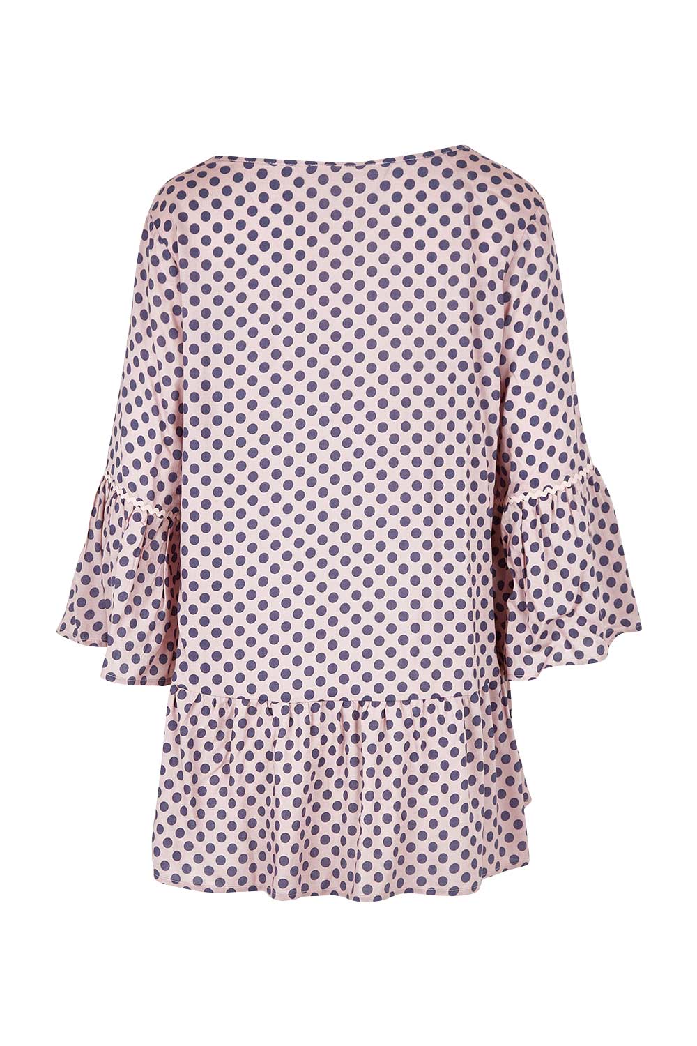 Product shot of the Ruffle Hem Spot Top in colour Pink (Pink), from the back