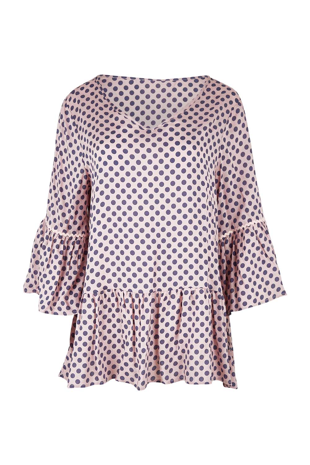 Product shot of the Ruffle Hem Spot Top in colour Pink (Pink), from the front