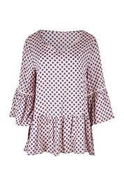 Product shot of the Ruffle Hem Spot Top in colour Pink (Pink), from the front
