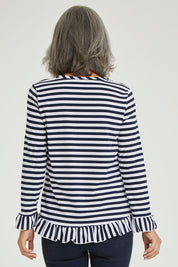 Model Luisa wearing size S of the Frilled Hem Stripe Tee in colour Navy (Blue), from the back