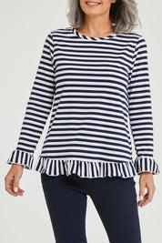 Model Luisa wearing size S of the Frilled Hem Stripe Tee in colour Navy (Blue), from the front, cropped image
