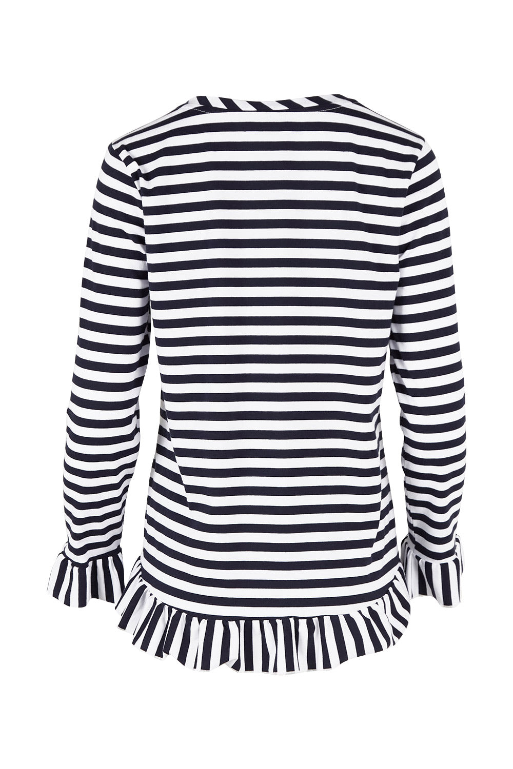 Product shot of the Frilled Hem Stripe Tee in colour Navy (Blue), from the back