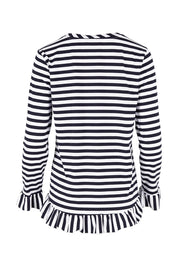 Product shot of the Frilled Hem Stripe Tee in colour Navy (Blue), from the back