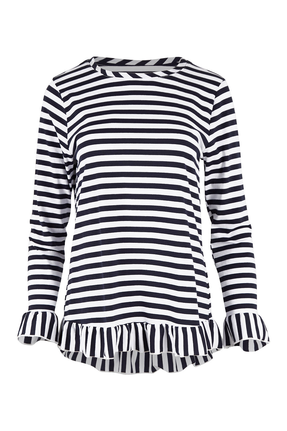 Product shot of the Frilled Hem Stripe Tee in colour Navy (Blue), from the front
