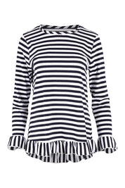 Product shot of the Frilled Hem Stripe Tee in colour Navy (Blue), from the front