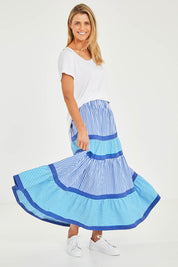 Model Kelly wearing size S of the Stripe Skirt in colour Cobalt (Blue), from the front, showing the whole outfit
